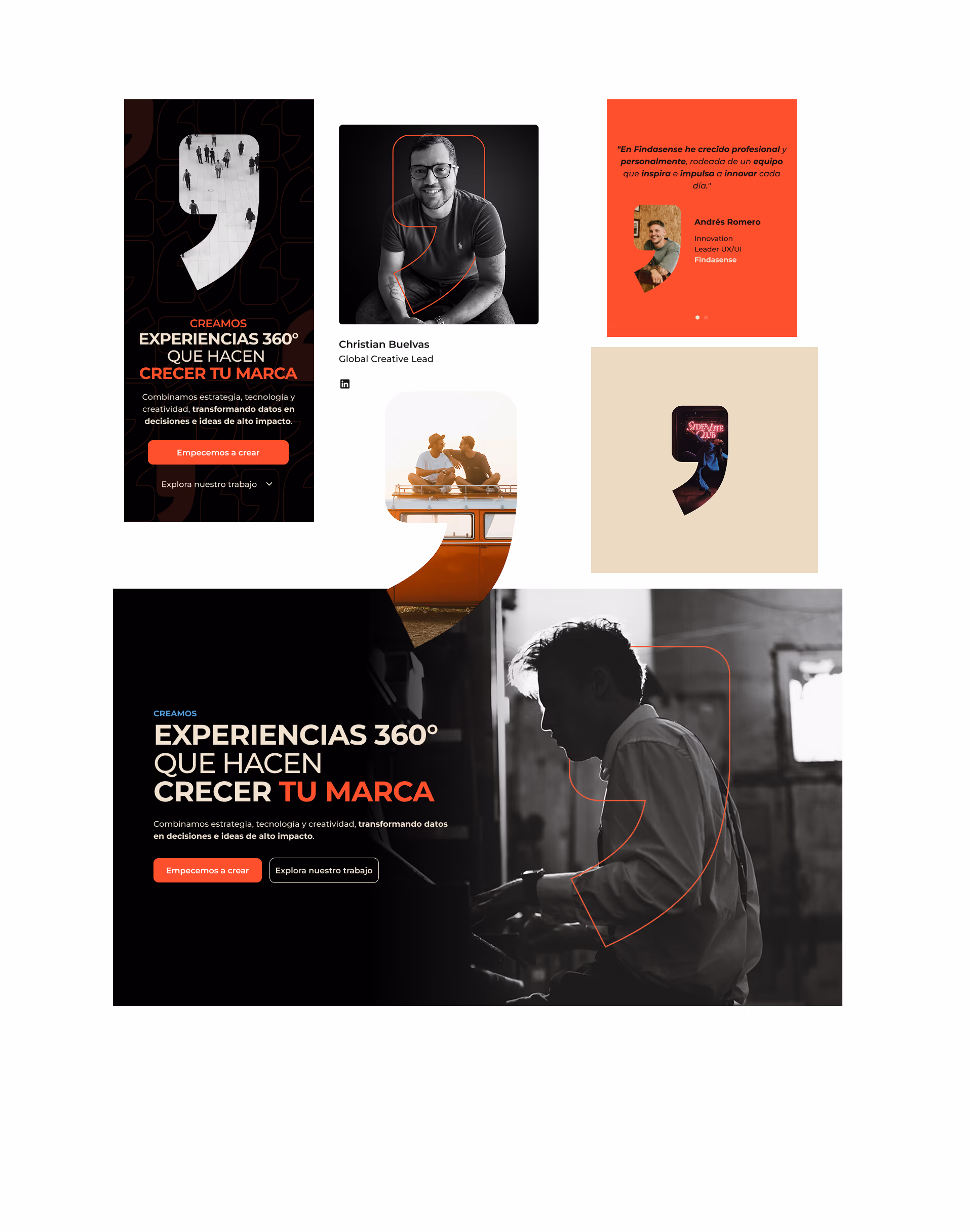 Aplicaciones de la coma del logo: marcos de retrato, hero illustrations, testimonios y elementos decorativos