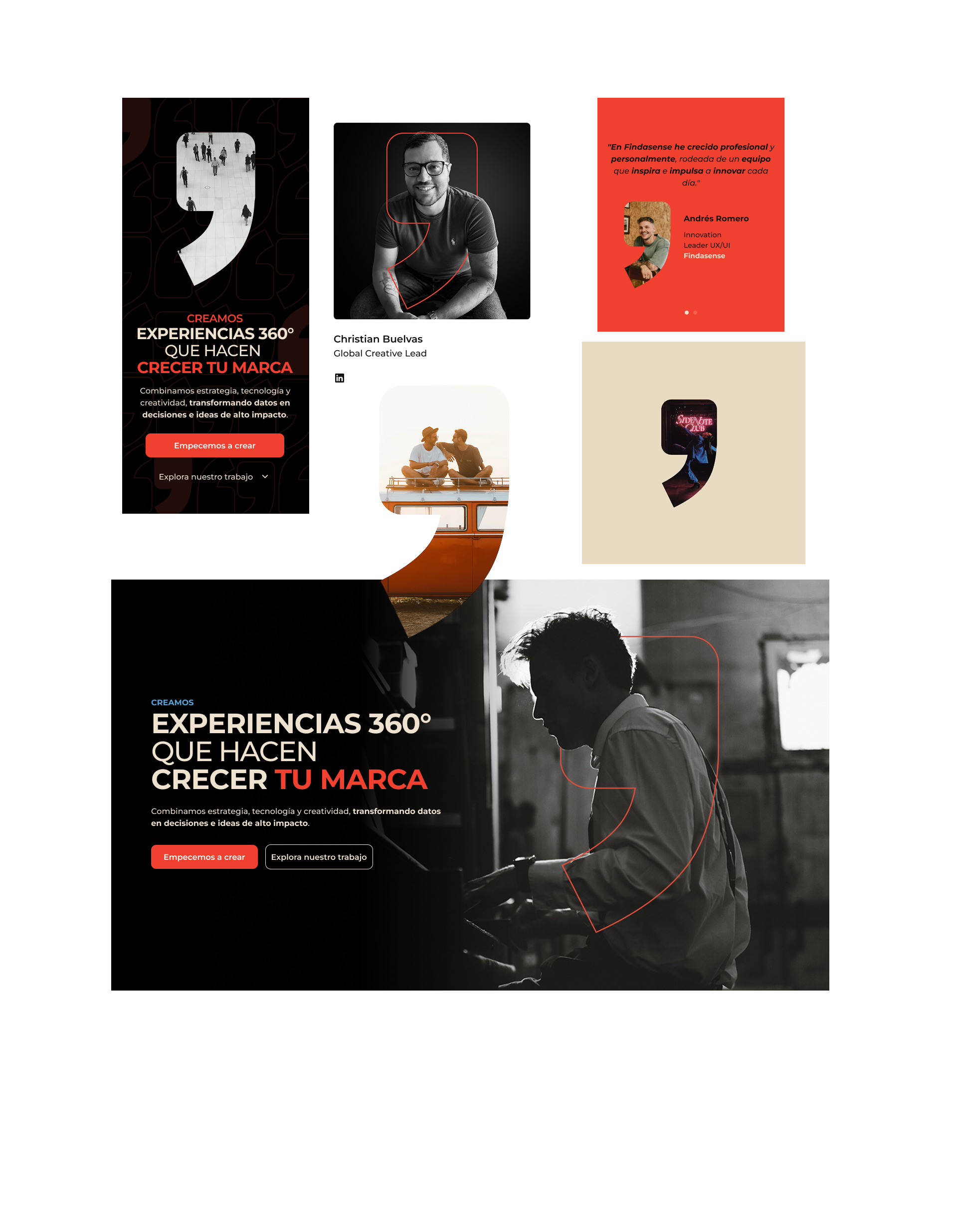 Aplicaciones de la coma del logo: marcos de retrato, hero illustrations, testimonios y elementos decorativos