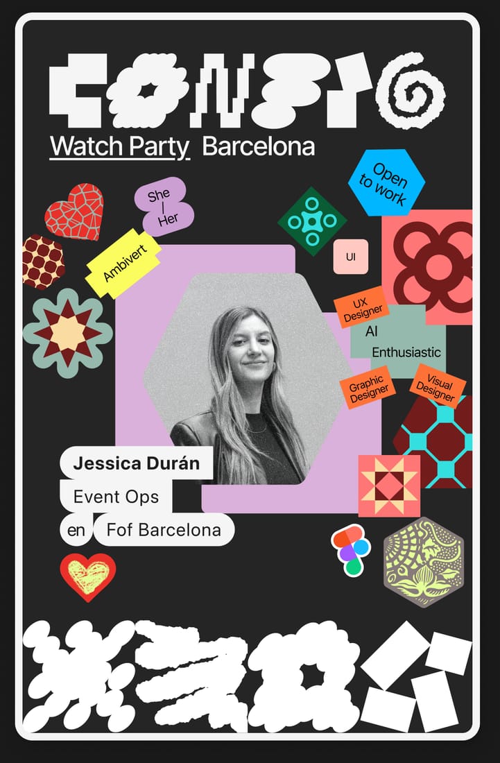 Acreditación del Config Watch Party de Barcelona, personalizada con stickers de Figma