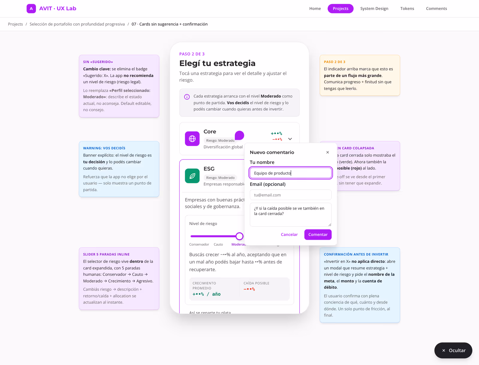 El prototipo en modo comentario: un pin morado clavado sobre una tarjeta y un panel «Nuevo comentario» con nombre, email opcional y el texto del comentario.