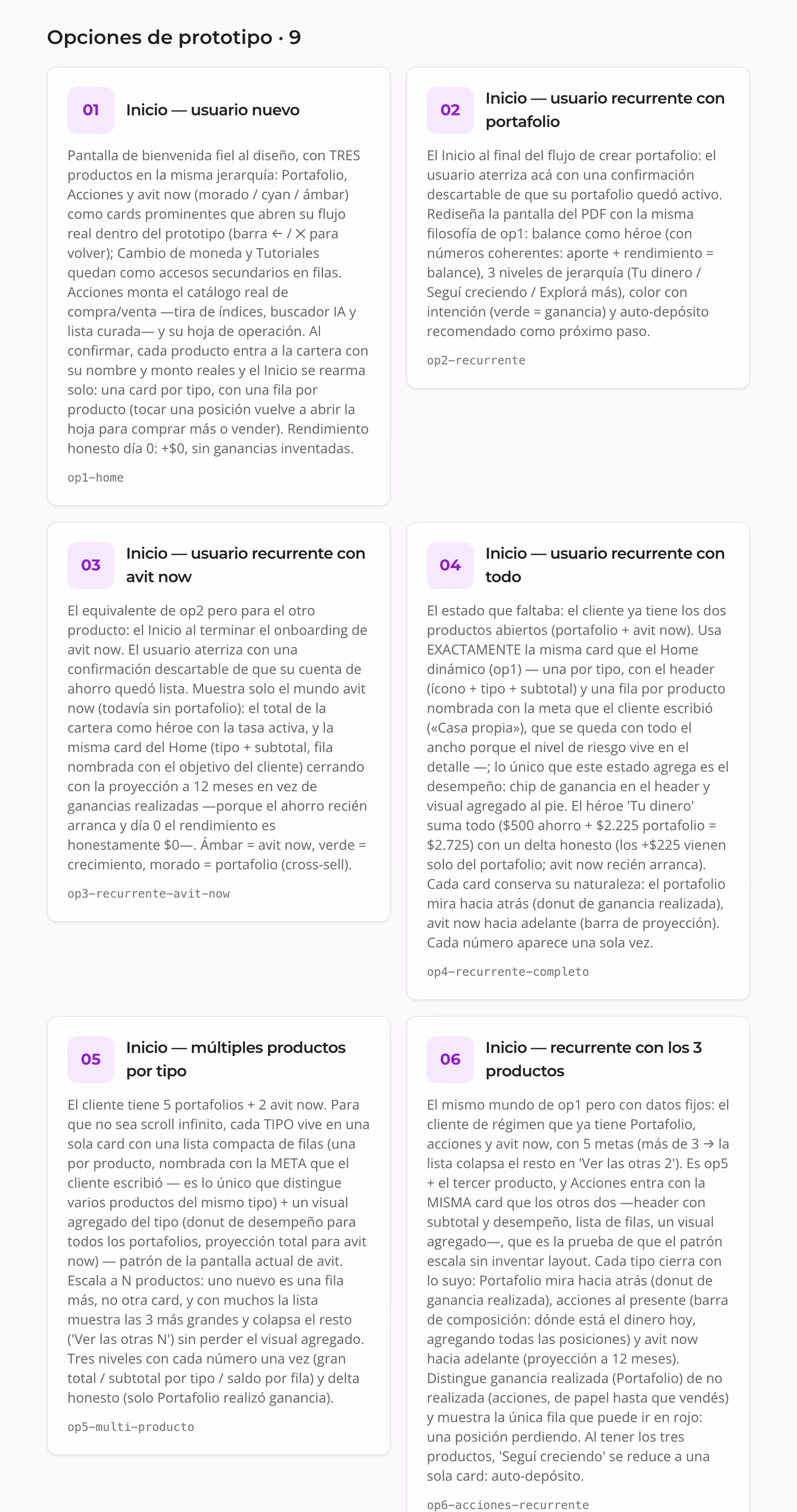 Listado «Opciones de prototipo · 9» con tarjetas numeradas del 01 al 06, cada una describiendo una versión distinta de la pantalla de inicio.