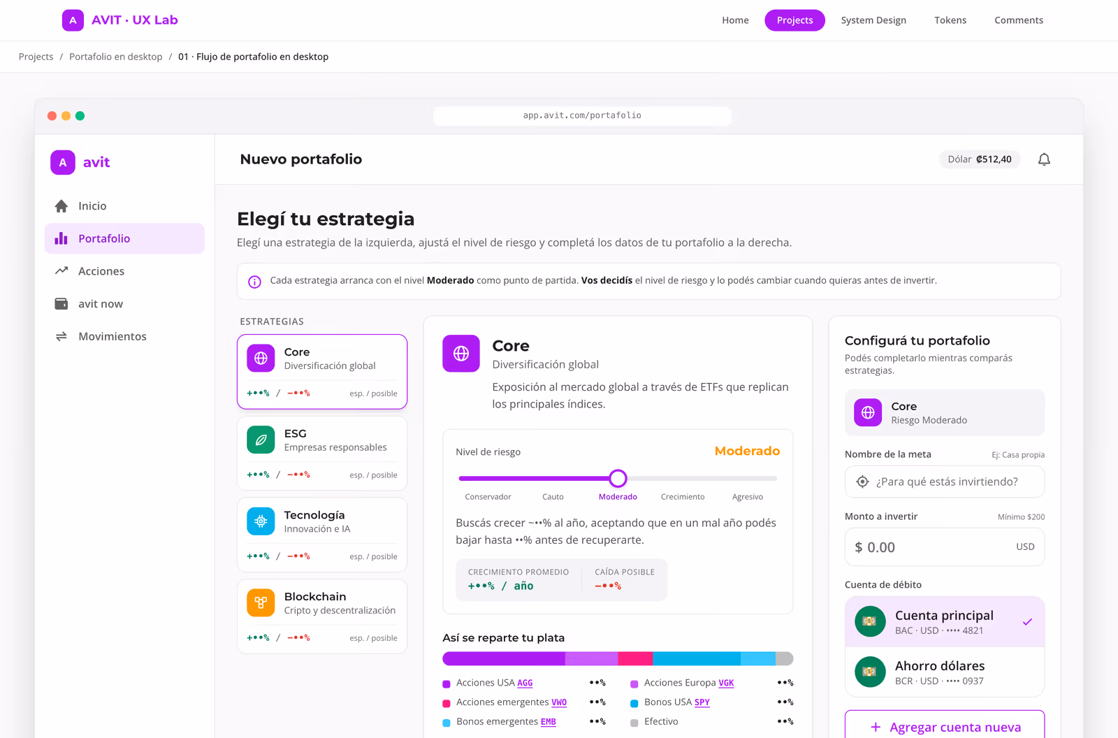 Prototipo del portafolio en escritorio: lista de estrategias a la izquierda, detalle al centro y panel fijo a la derecha.