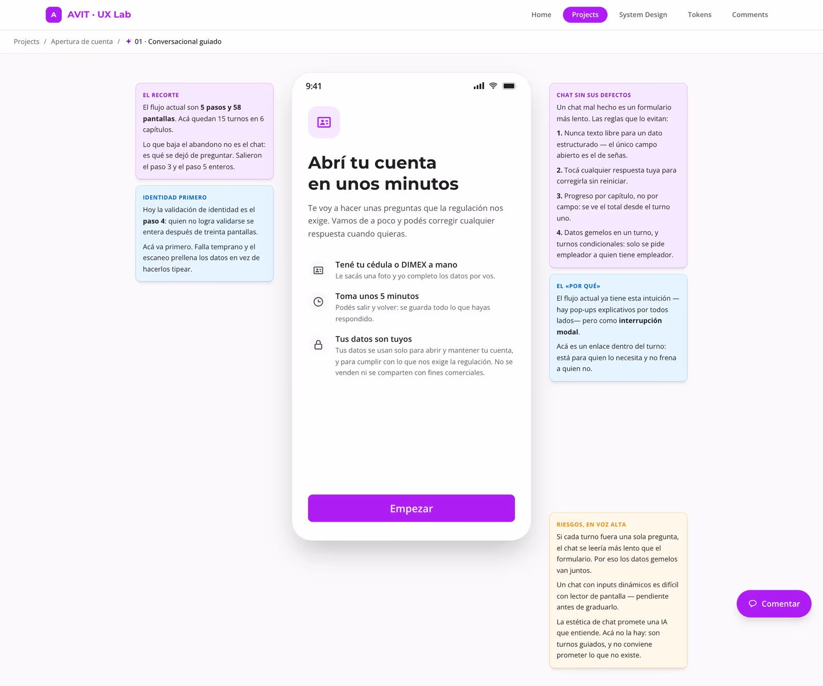 Prototipo de apertura de cuenta en un marco de teléfono, rodeado de notas adhesivas de colores que explican cada decisión de diseño.