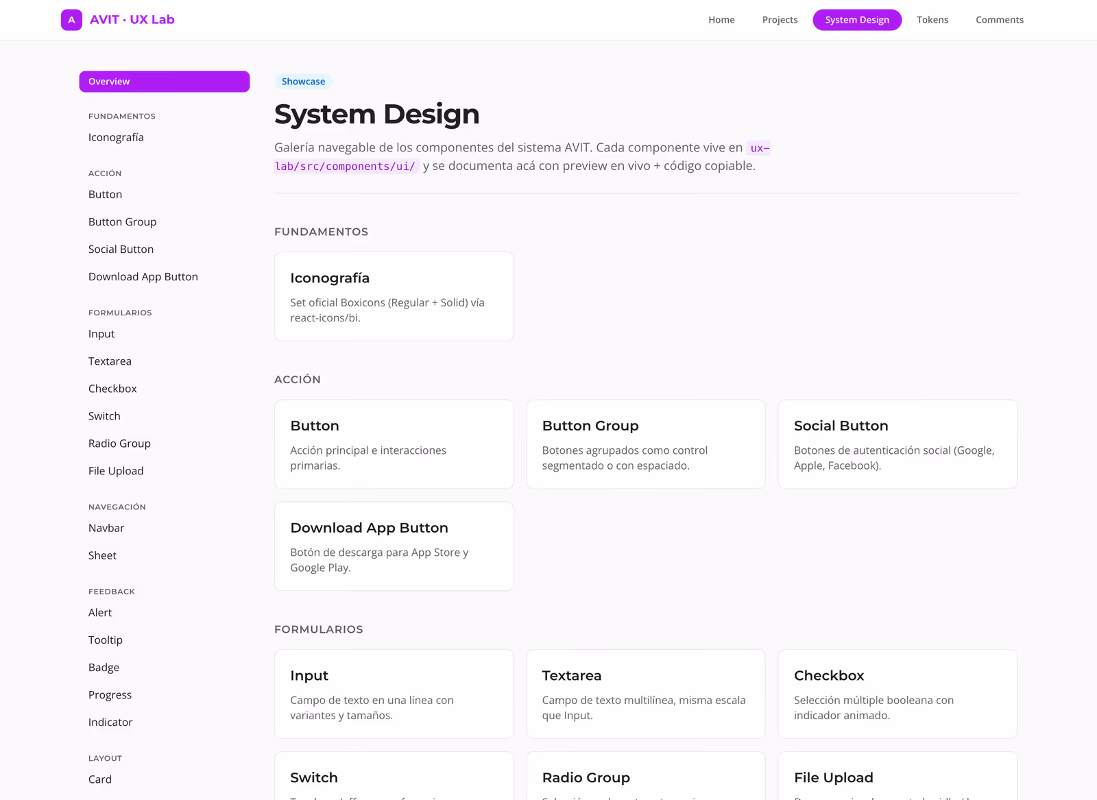 Galería navegable de componentes agrupados en fundamentos, acción, formularios, navegación, feedback, layout y visualización de datos.
