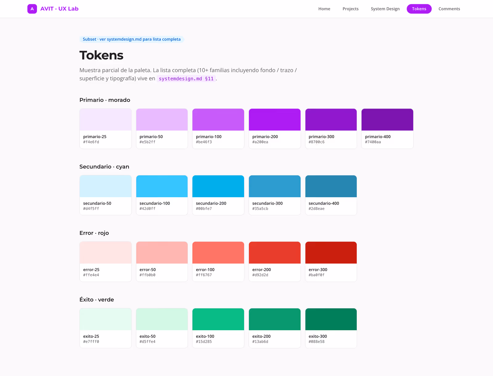 Explorador de tokens del laboratorio: familias de color primario, secundario, error y éxito con su nombre y su valor hexadecimal.